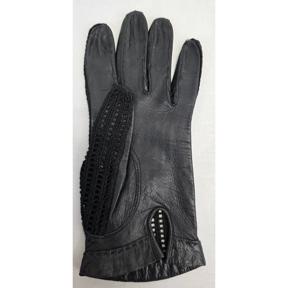 Vintage Style Black Crochet and Leather Driving Gloves Keyhole Back Mens Womens